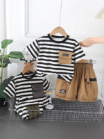 طقم ولادي قطعتين شورت و تيشيرت مخطط بكم قصير
