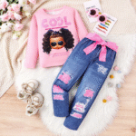 طقم بناتي قطعتين - بنطال جينز و تيشيرت برسمة فتاة